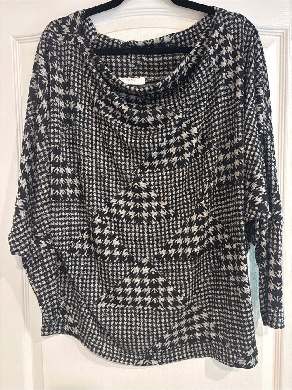 Janette Plus Black & White Houndstooth Cowl Neck Top